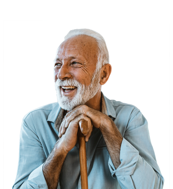 elderly patient with his came smiling