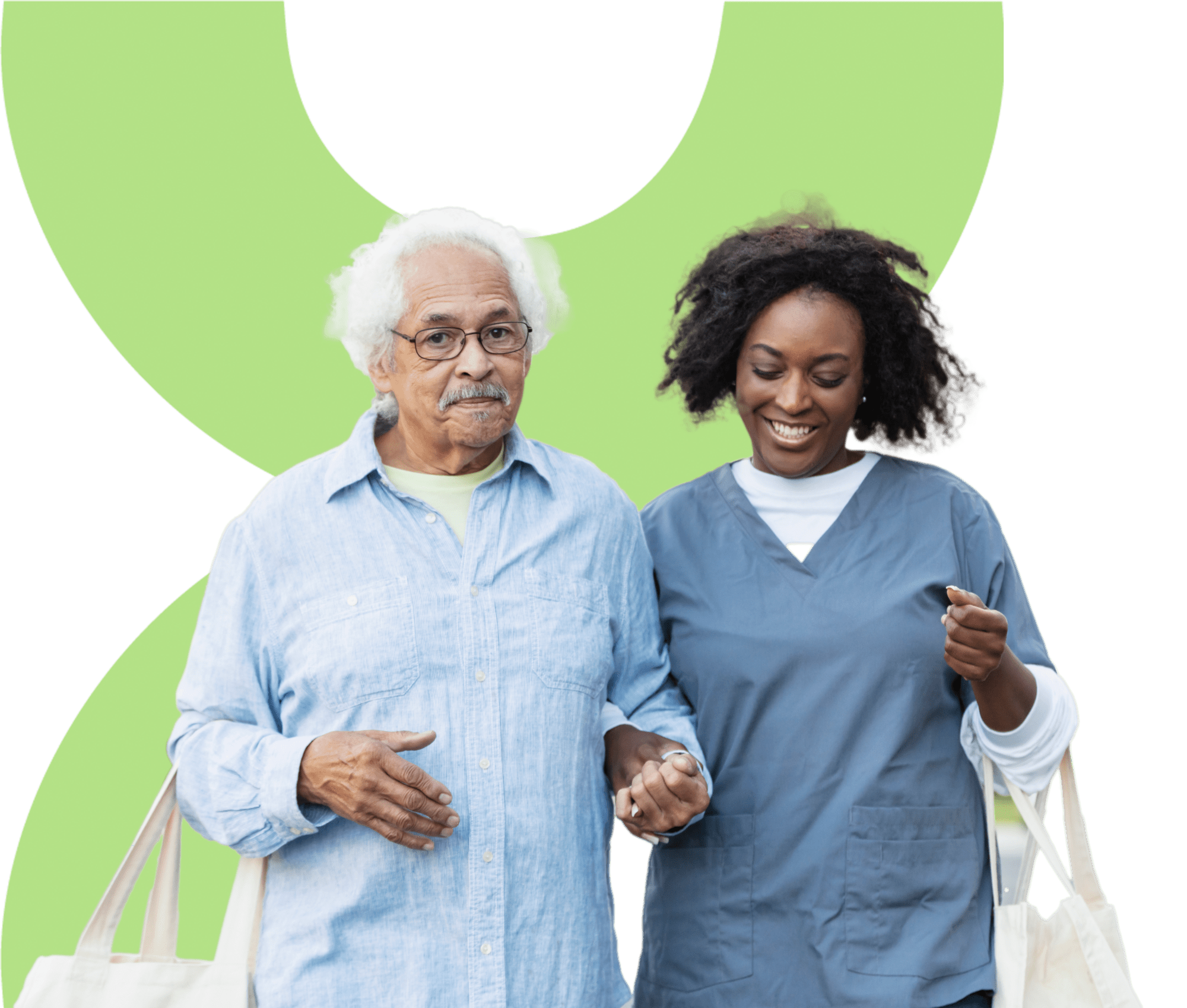 women nurse helping an elderly man walk